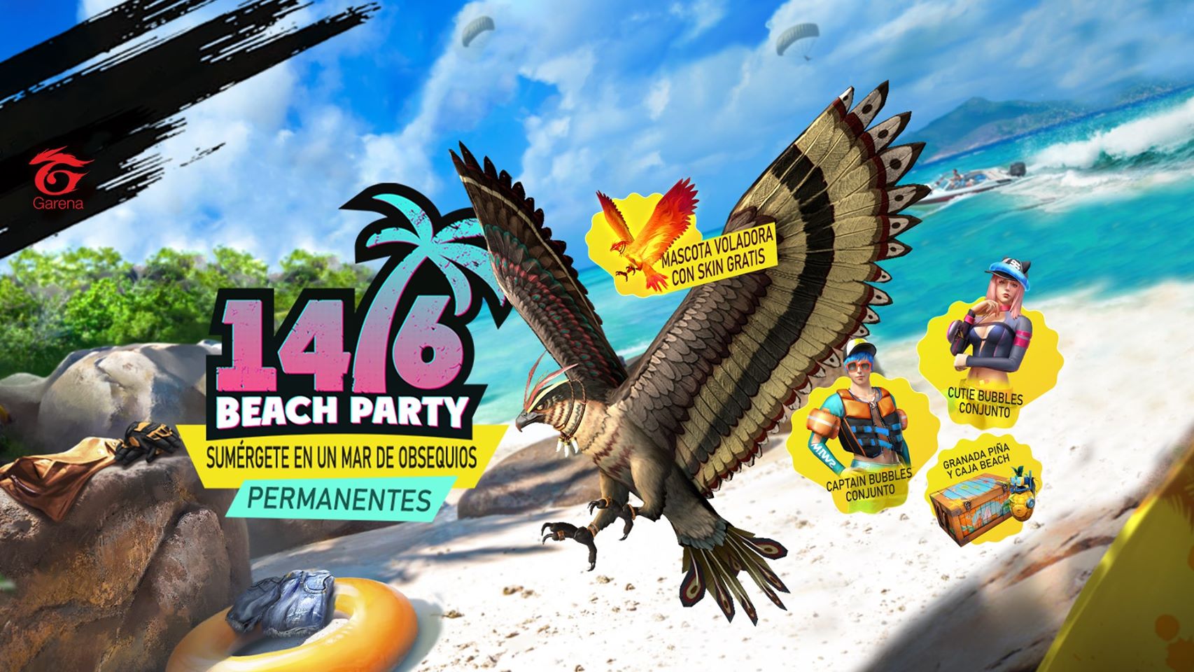 garena free fire evento beach party con mascota exclusiva gratis