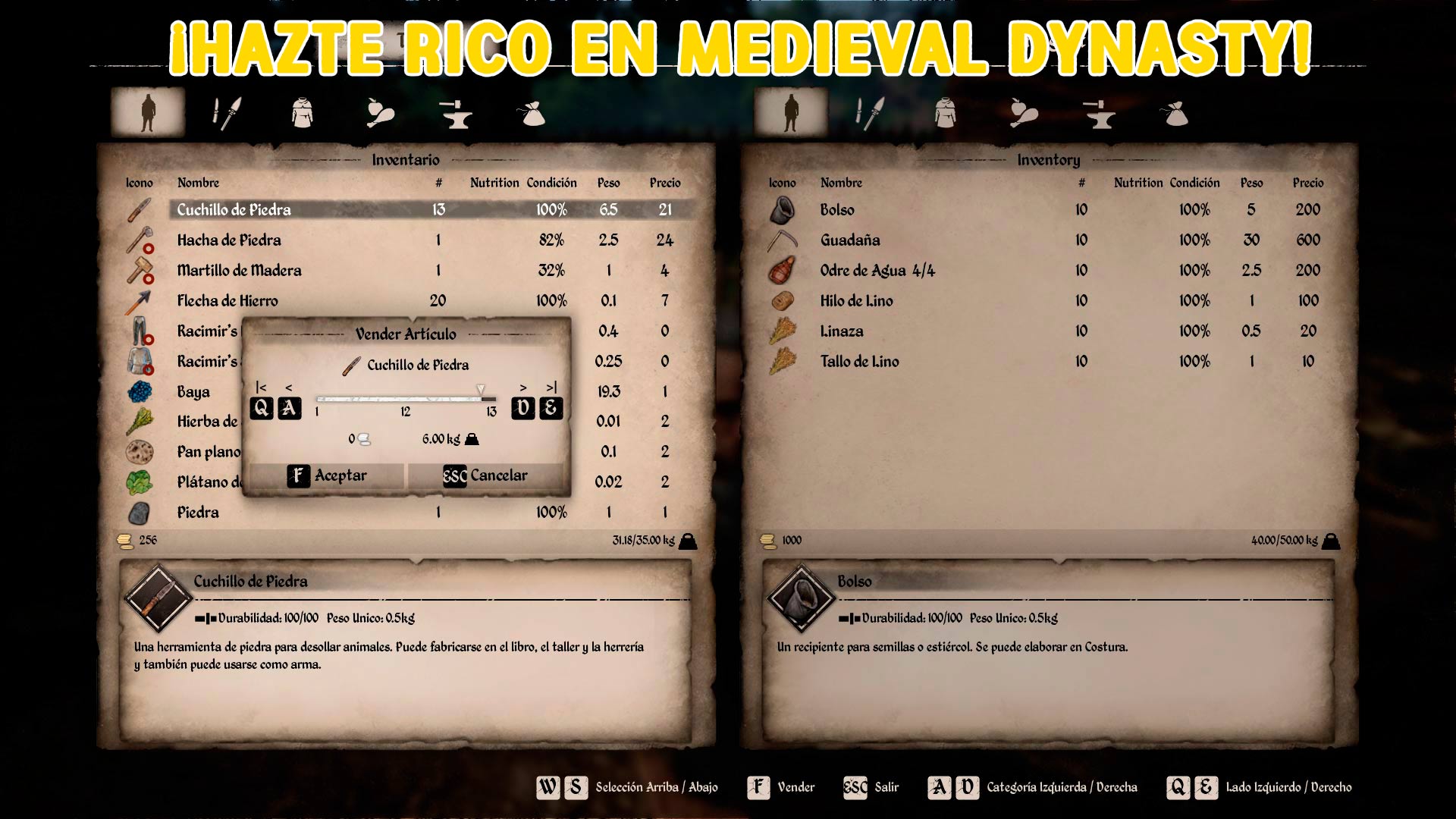 Vender cuchillo de piedra en Medieval Dynasty