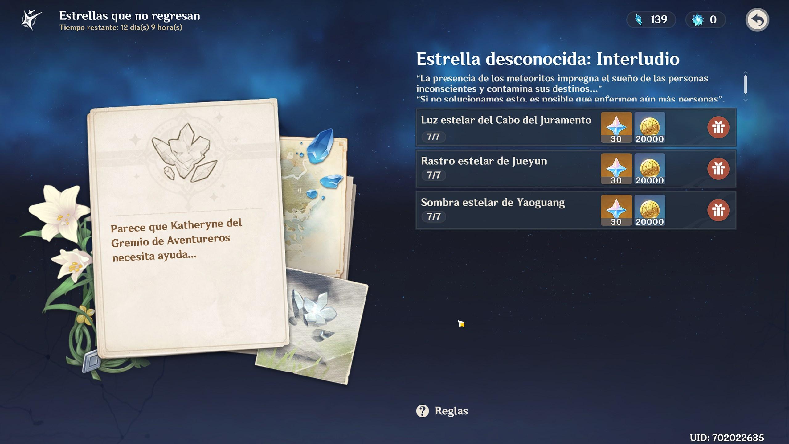 genshin impact evento estrellas que no regresan - estrella desconocida interludio