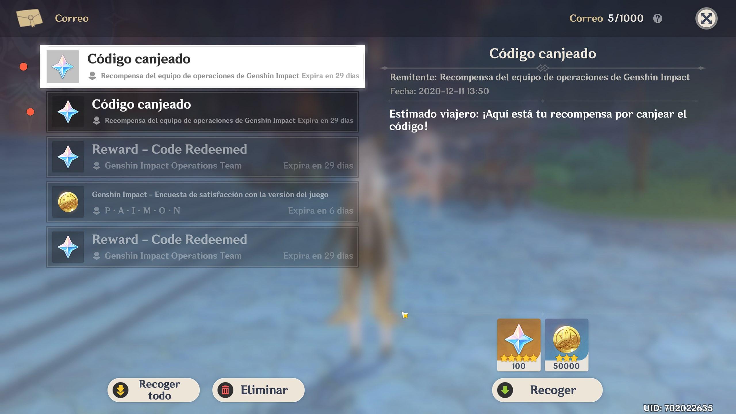 correo en genshin impact con recompensas de códigos